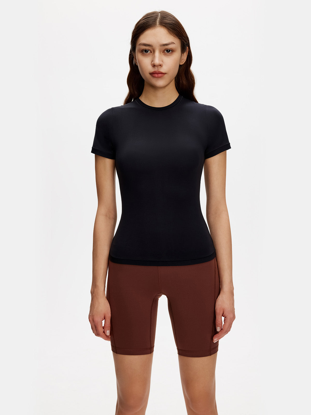 Black slim fit crew neck t shirt for women – front view, short sleeves, breathable fabric