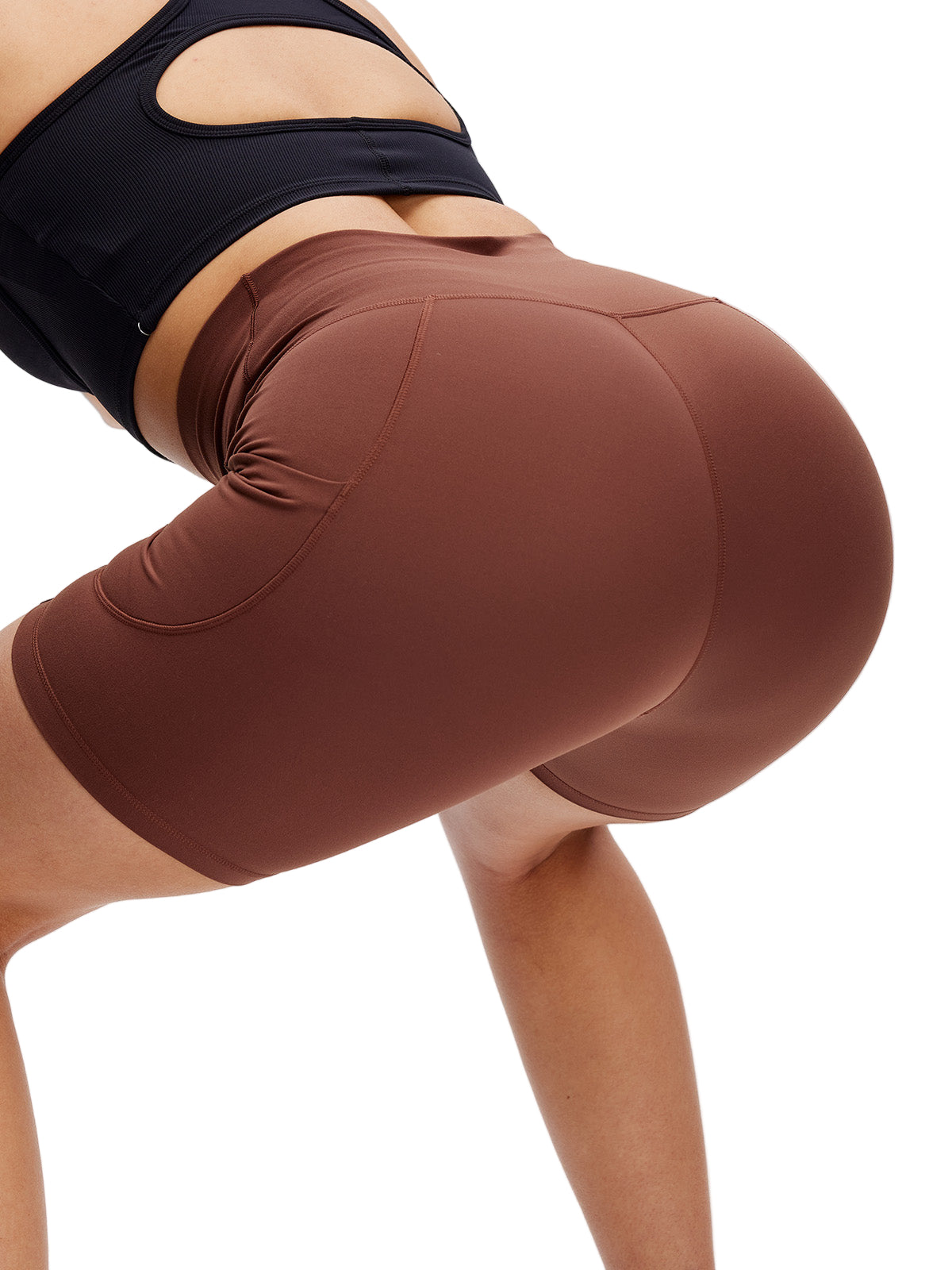 Back view of NANJI brown biker shorts for women – high-rise waist and sculpting design for workout and casual wear.