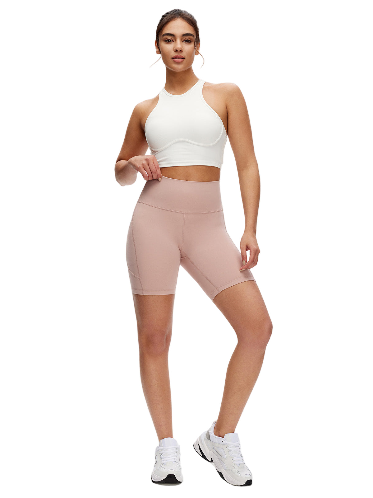 Front view of NANJI Lady Pink high waisted biker shorts – breathable 4-way stretch fabric with side pockets.