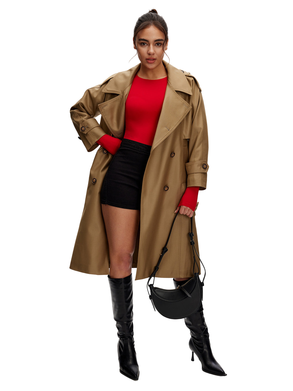 Red long sleeve bodysuit for women layered under a neutral-toned coat – stylish outfit for fall or night out
