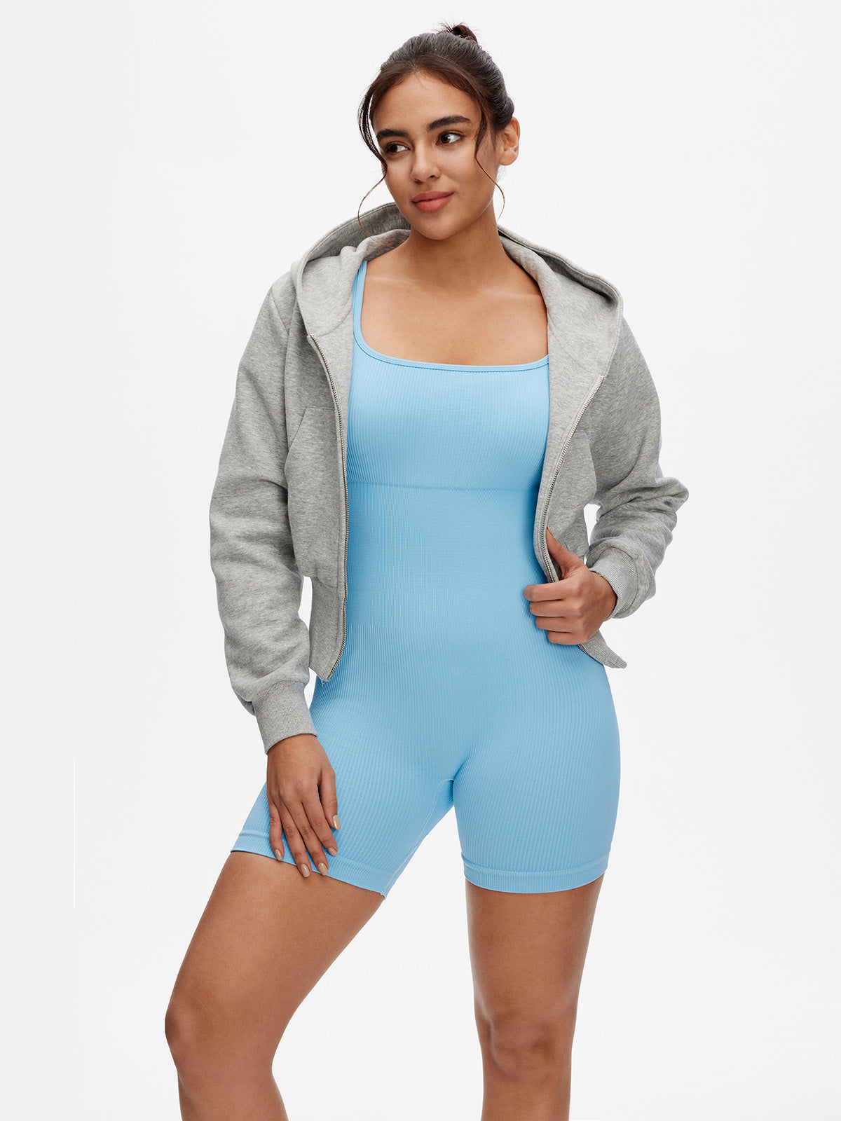 Front view of NANJI airy blue short sleeve romper for women — ribbed bodycon design with square neckline and soft, stretch-fit comfort